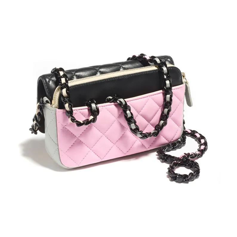 CHANEL Lambskin Flap Cell Phone Pouch, Shoulder Bag, Crossbody Bag Women's Black/Beige-2