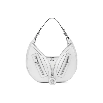 VERSACE Cow Leather Hobo Biker Shoulder Bag Handbag Large Size Women's White