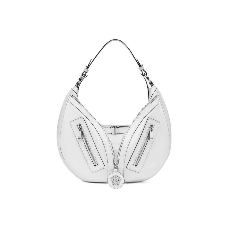 VERSACE Cow Leather Hobo Biker Shoulder Bag Handbag Large Size Women's White-0