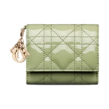DIOR Lady Dior Patent Leather Calfskin Wallet Women's Green