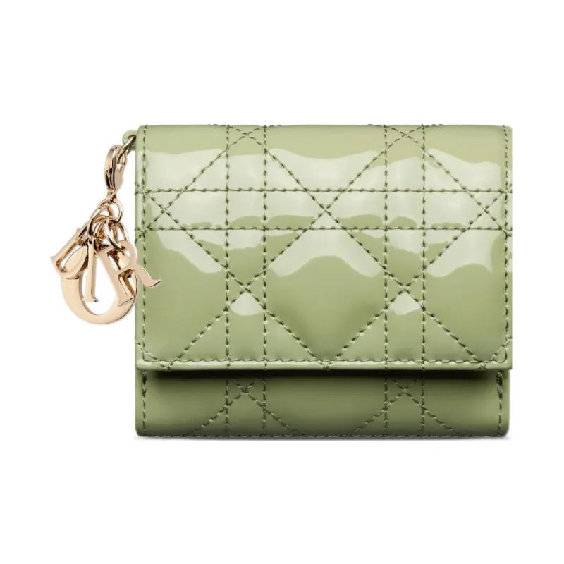 DIOR Lady Dior Patent Leather Calfskin Wallet Women's Green-0