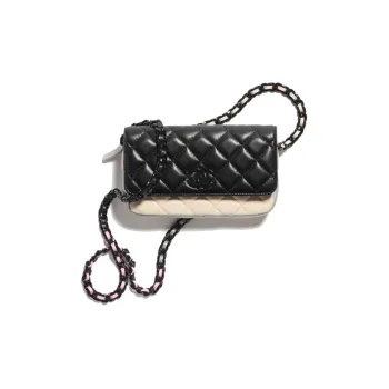 CHANEL Lambskin Flap Cell Phone Pouch, Shoulder Bag, Crossbody Bag Regular Women's Black/Beige