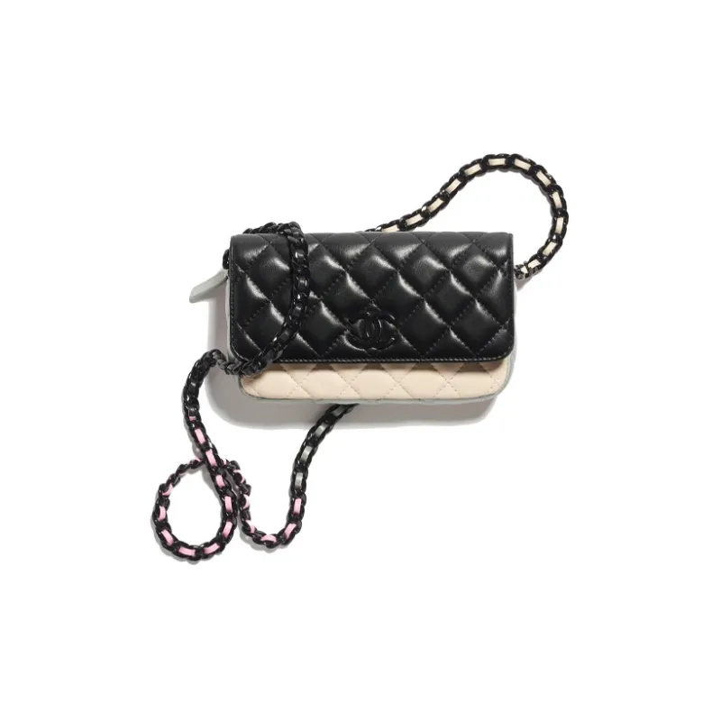 CHANEL Lambskin Flap Cell Phone Pouch, Shoulder Bag, Crossbody Bag Women's Black/Beige-0