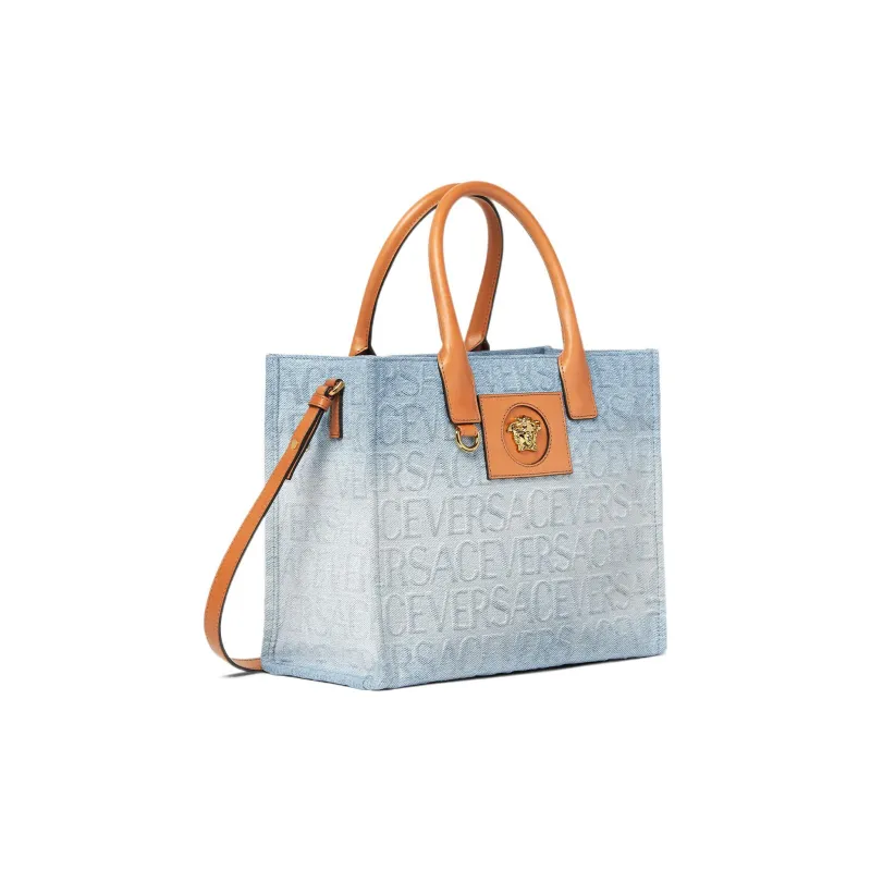 VERSACE La Medusa Cotton With Calfskin Tote Bag Shopping Bag One Shoulder Handbag Women's Blue White Gradient-1