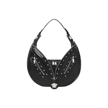 VERSACE Calfskin Hobo Biker Shoulder Bag Handbag Large Size Women's Black