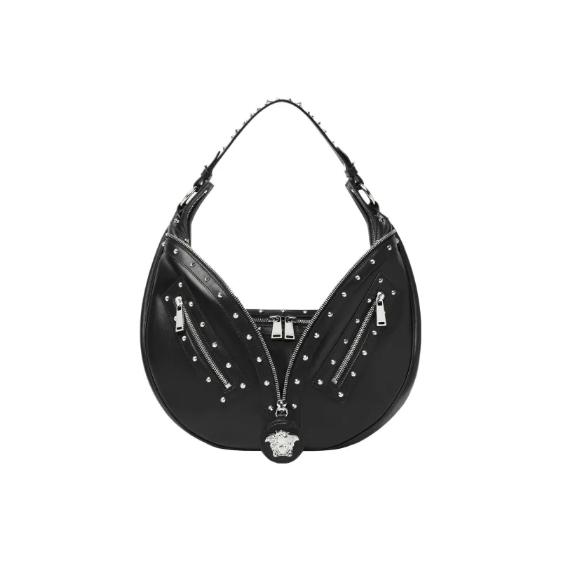VERSACE Calfskin Hobo Biker Shoulder Bag Handbag Large Size Women's Black-0