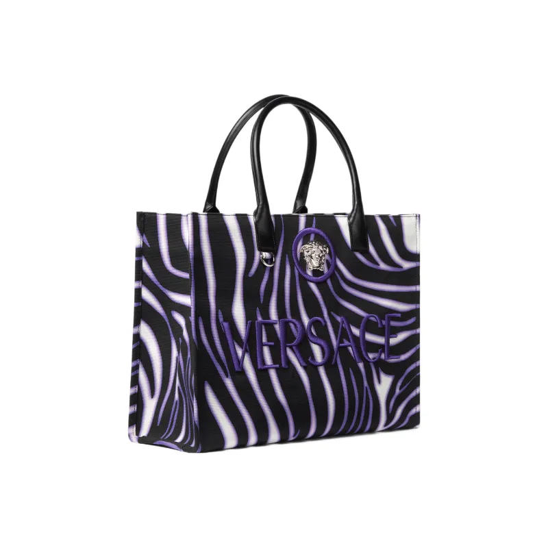 VERSACE La Medusa Cotton With Calfskin Trim Tote Bag Shopping Bag Handbag Large Size Women's Black Purple Marbled-1