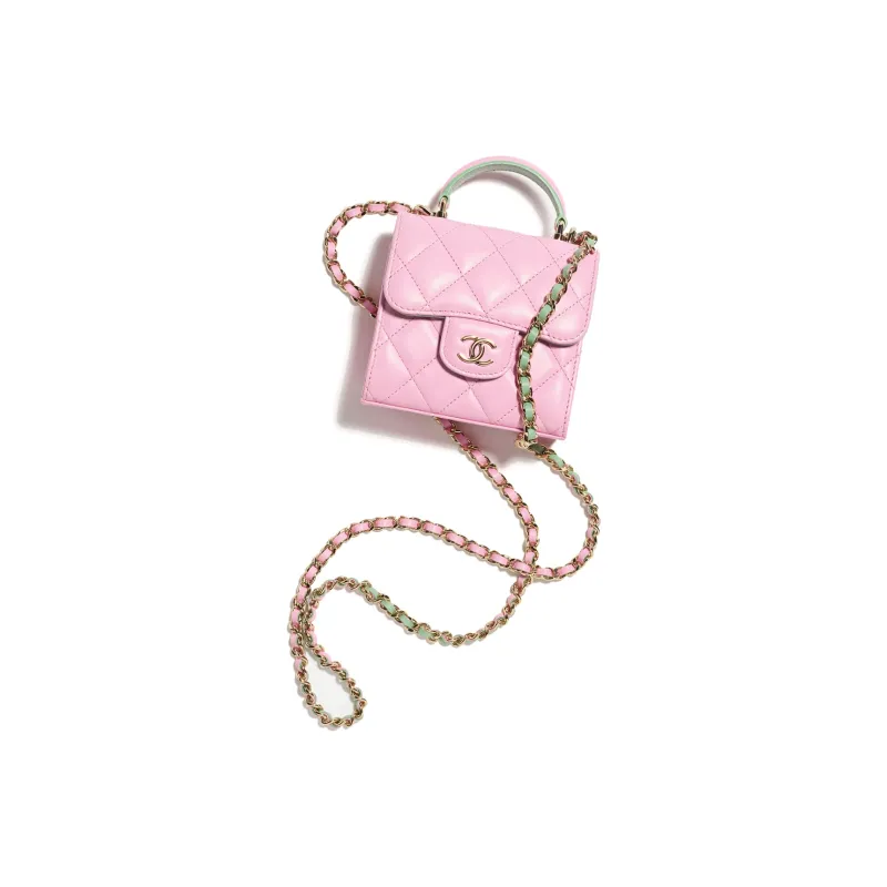 CHANEL Sheepskin One Shoulder Crossbody Clutch Women's Pink & Green-1