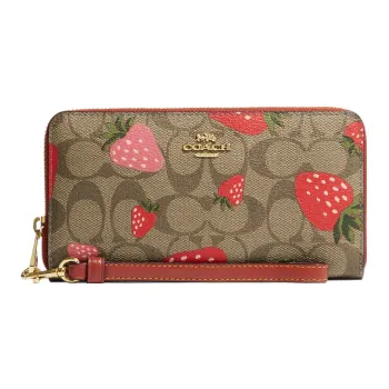 COACH Zip Around Canvas With Leather Wrist Bag Wallet Women's Ebony & Red