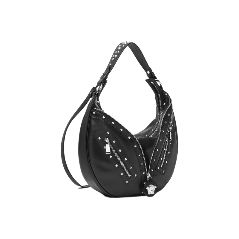 VERSACE Calfskin Hobo Biker Shoulder Bag Handbag Large Size Women's Black-1
