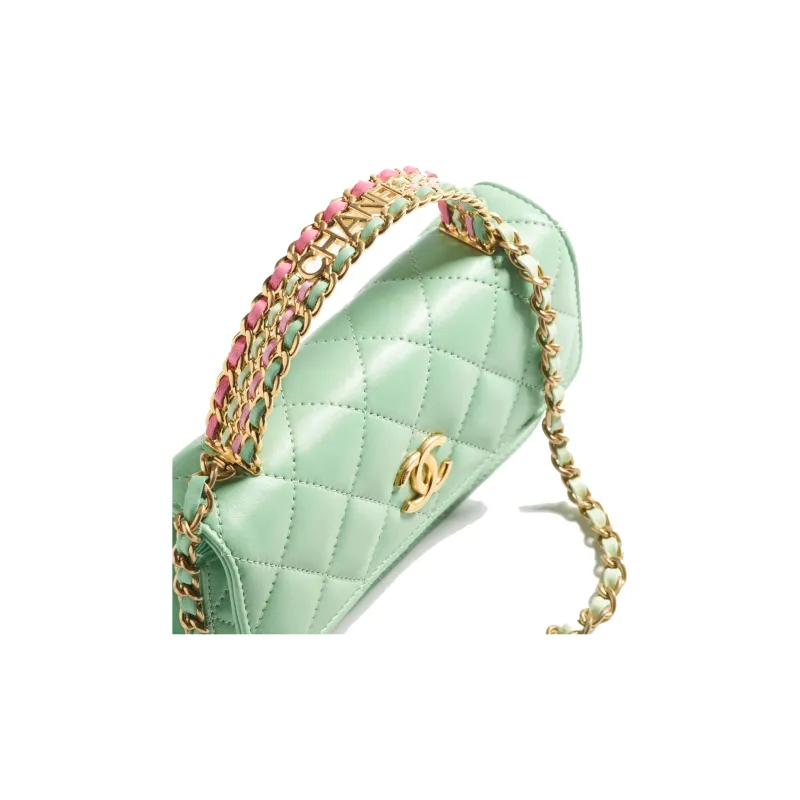 CHANEL Calfskin Chain Bag, Cell Phone Pouch, Handbag, Shoulder Bag, Crossbody Bag Women's Light Green-4