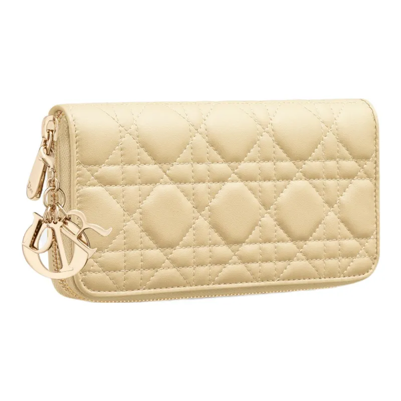 DIOR Lady Dior Lambskin Clutches Card Holder Wallet Women's Light Yellow-1