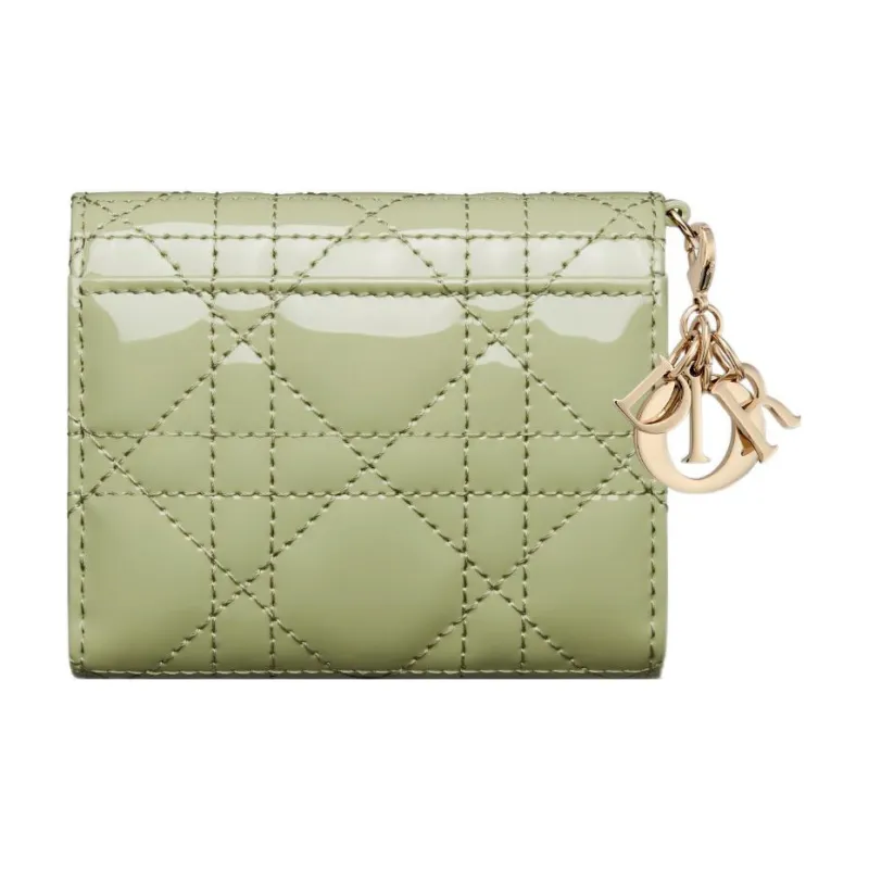 DIOR Lady Dior Patent Leather Calfskin Wallet Women's Green-4