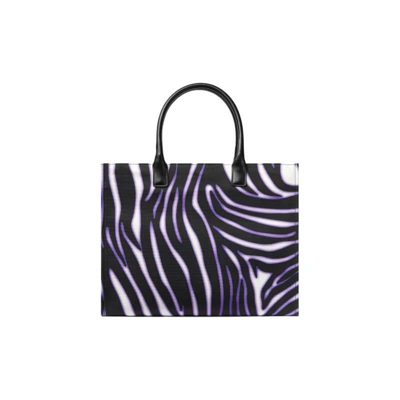 VERSACE La Medusa Cotton With Calfskin Trim Tote Bag Shopping Bag Handbag Large Size Women's Black Purple Marbled-2