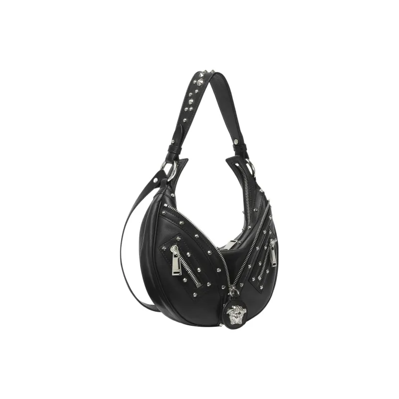 VERSACE Repeat Series Calfskin Hobo Biker Shoulder Bag Handbag Large Size Women's Black-2