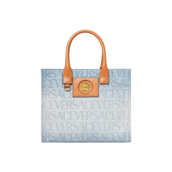 VERSACE La Medusa Cotton With Calfskin Tote Bag Shopping Bag One Shoulder Handbag Women's Blue White Gradient