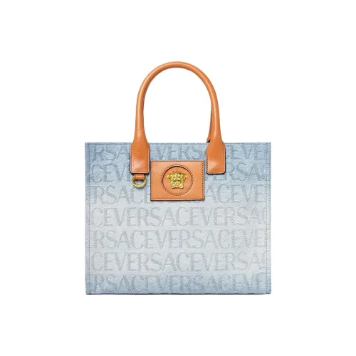 VERSACE La Medusa Cotton With Calfskin tote Dusy Bag Shopping Bag One Shoulder Handbag Women's Blue White Gradient