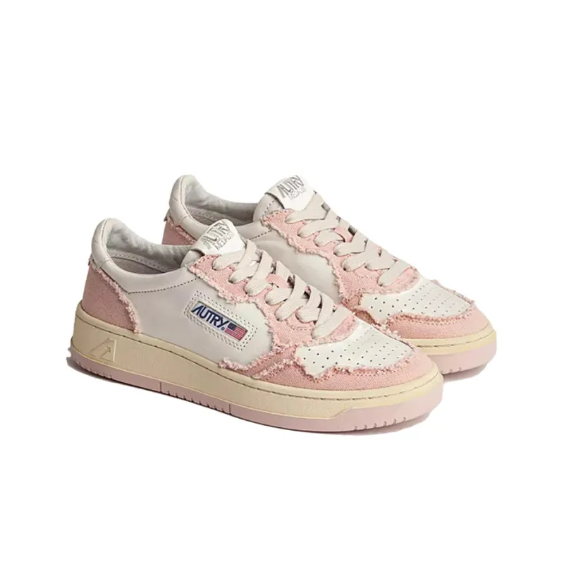AUTRY Medalist Low Soft Goatskin And Frayed Canvas 'White And Pink' Women's-2