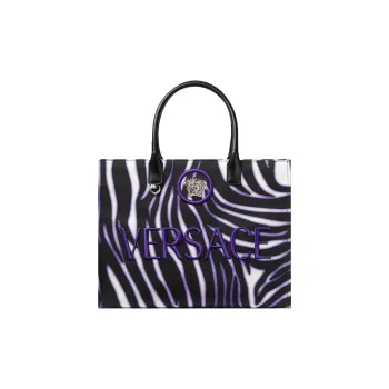 VERSACE La Medusa Cotton With Calfskin Trim Tote Bag Shopping Bag Handbag Large Size Women's Black Purple Marbled