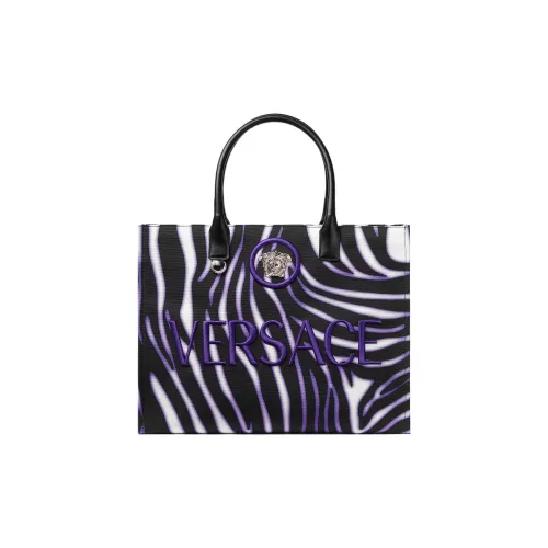 VERSACE La Medusa Cotton With Calfskin Trim tote Dusy Bag Shopping Bag Handbag Large Size Women's Black Purple Marbled