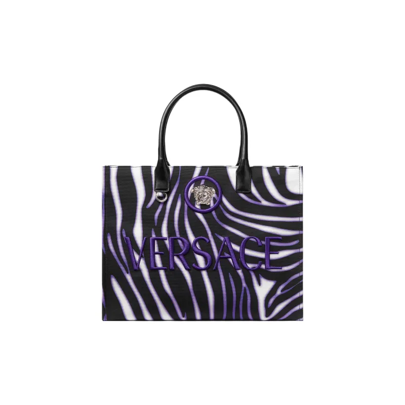 VERSACE La Medusa Cotton With Calfskin Trim Tote Bag Shopping Bag Handbag Large Size Women's Black Purple Marbled-0