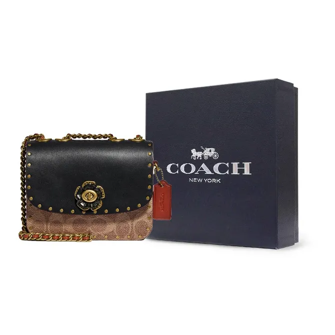 COACH Madison Coated Canvas With Calfskin Small Square Bag Shoulder Bag, Crossbody Bag Mini Women's Black & Monogram-6