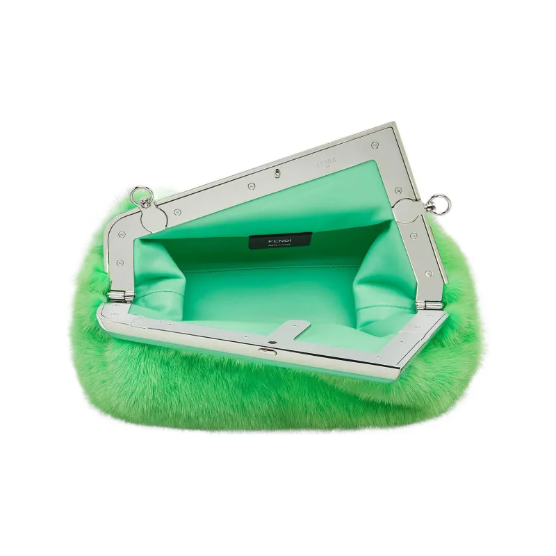 FENDI Sheepskin With Mink Fur One Shoulder Crossbody Clutches Small Size Women's Green-3