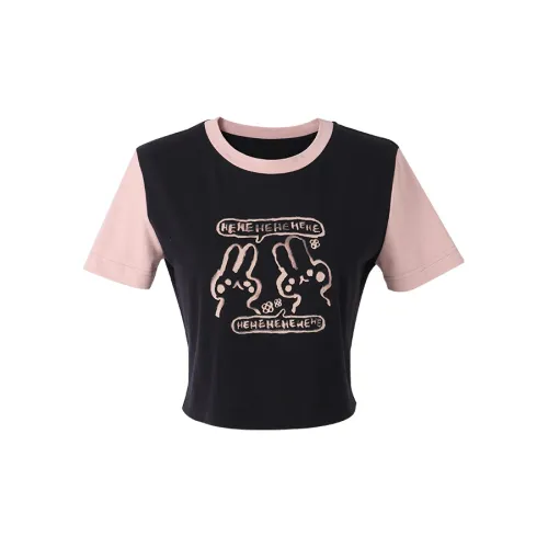 YESWOMEN T-Shirts Women's Navy Blue With Pink Graffiti Rabbit