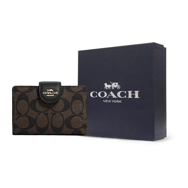 COACH Corner Zip Canvas With Leather Wrist Bag Clutch Mahjong Wallet Medium Size Women's Dark Brown/Black-5