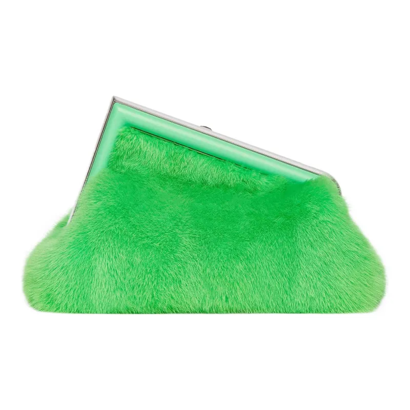 FENDI Sheepskin With Mink Fur One Shoulder Crossbody Clutches Small Size Women's Green-2