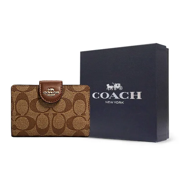 COACH Corner Zip Canvas With Leather Clutches Wallets Medium Size Women's Brown-4