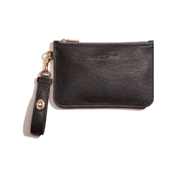 COACH Turnlock Litchi Grain Leather Wallet Card Holder Wrist Bag Clutch Small Size Women's Black