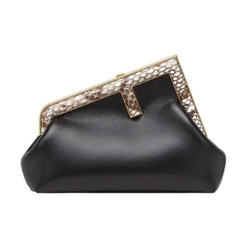 FENDI Lambskin With Python Skin Accents One Shoulder Crossbody Clutches Small Size Women's Black