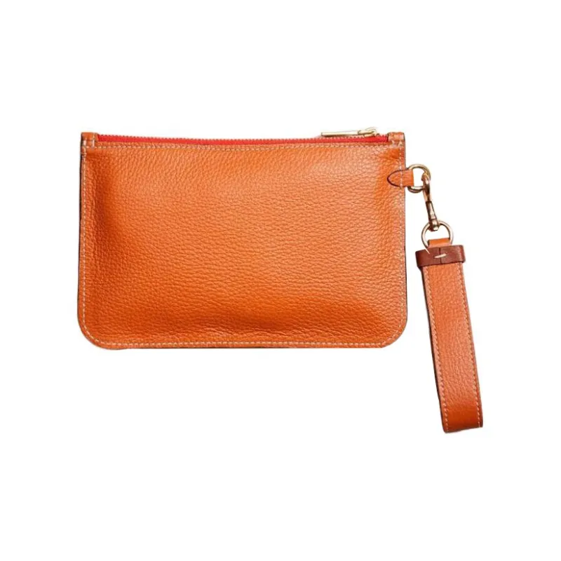 COACH Turnlock Litchi Grain Leather Wallet Card Holder Wrist Bag Clutch Small Size Women's Orange-1