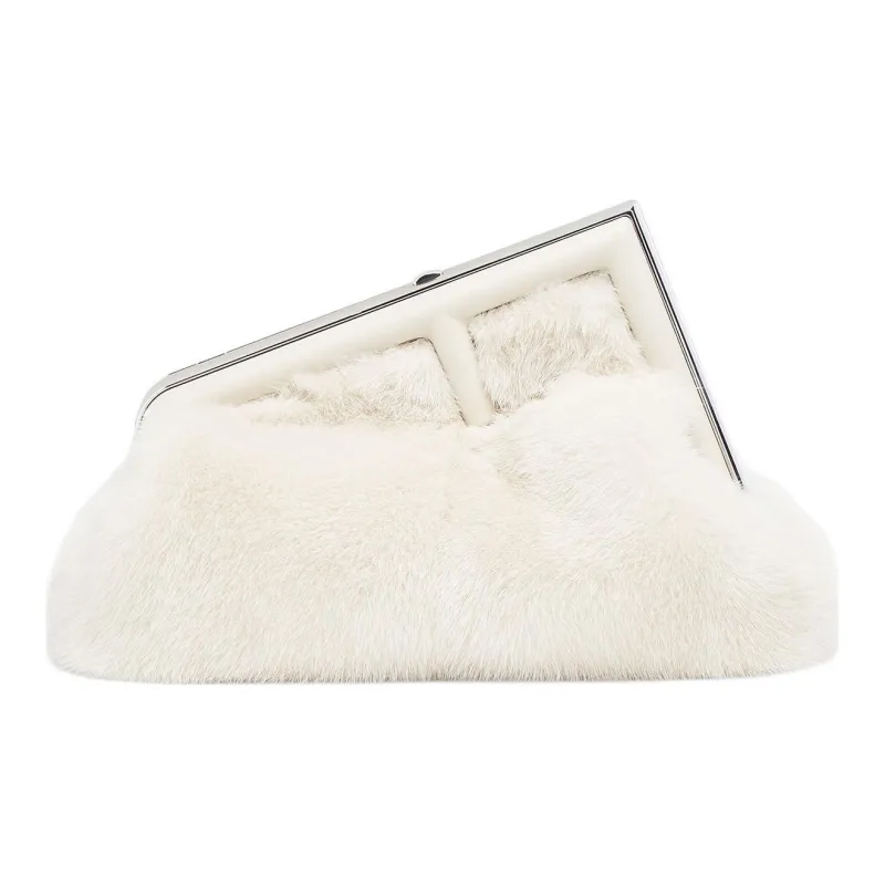 FENDI Sheepskin With Mink Fur One Shoulder Crossbody Clutches Small Size Women's White-0