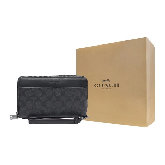 COACH Double Zip Wallet Coated Canvas With Leather Card Holder, Wallet Men's Black-7
