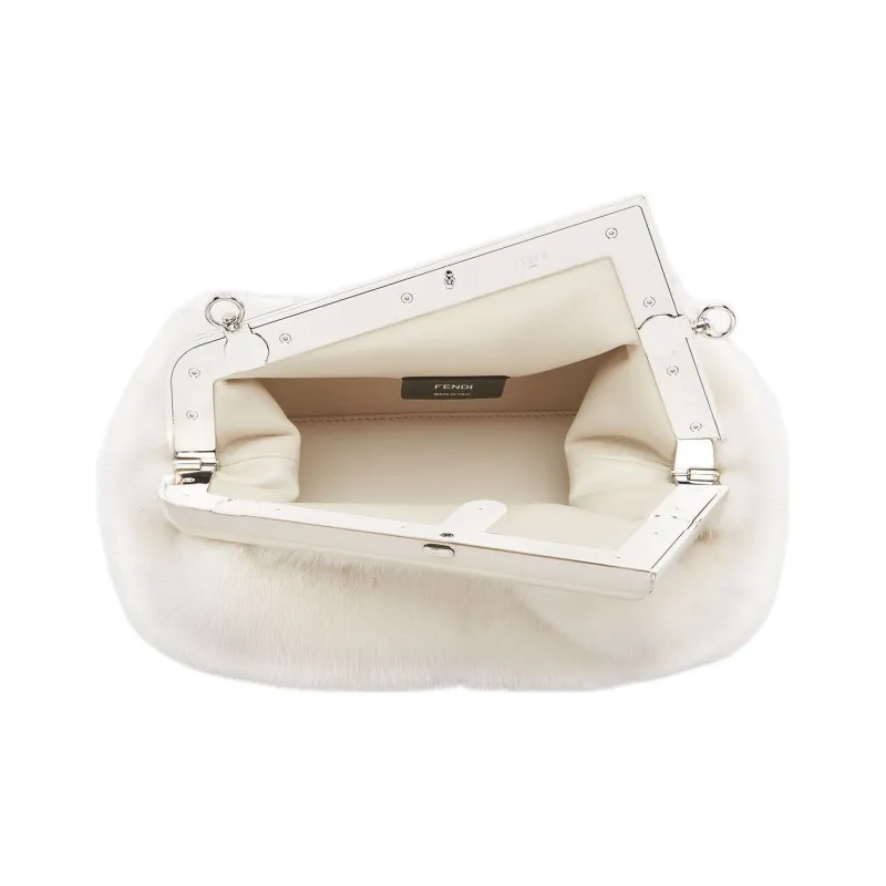 FENDI Sheepskin With Mink Fur One Shoulder Crossbody Clutches Small Size Women's White-3