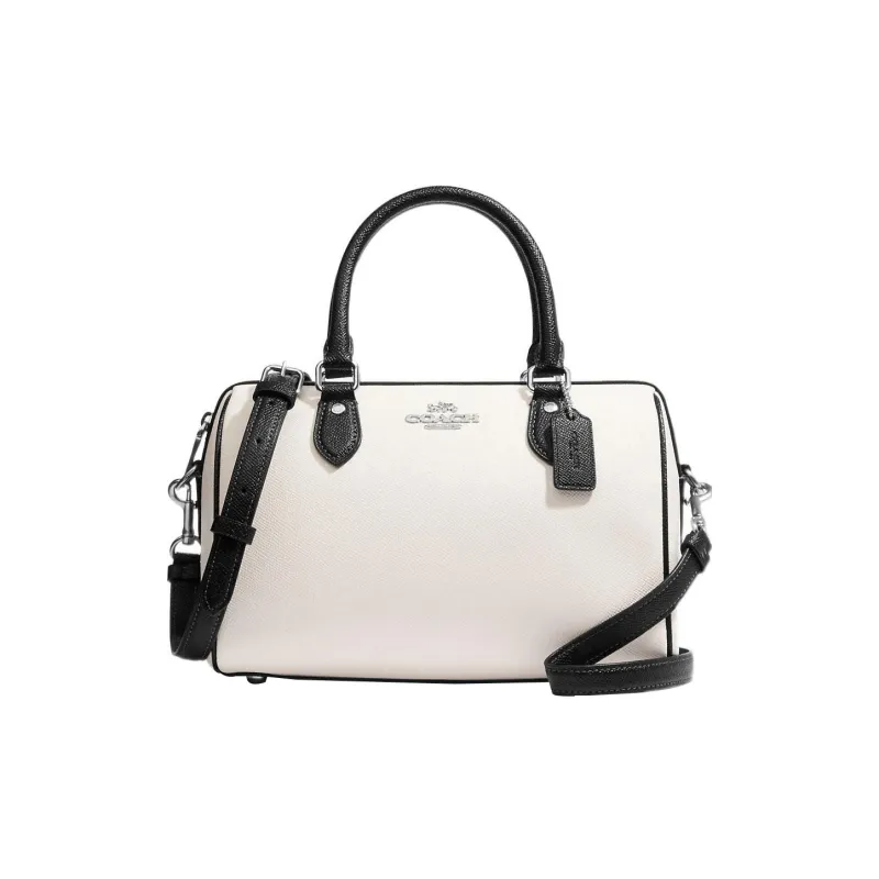 COACH Rowan Leather Boston Bag, Shoulder Bag, Crossbody Bag, Handbag Medium Size Women's White & Black-0