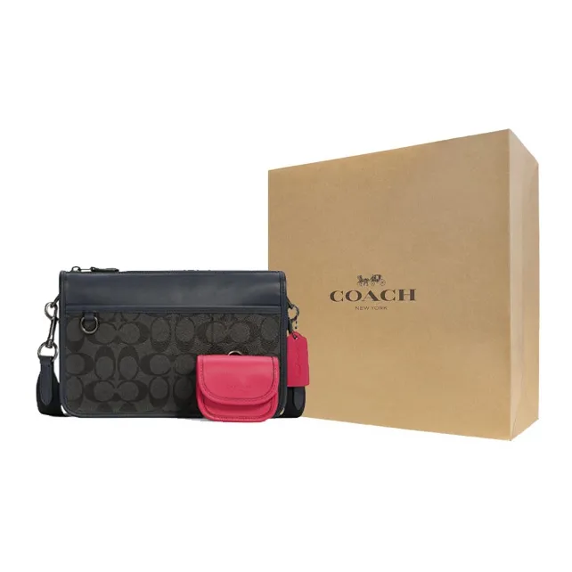 COACH Heritage Canvas With Leather Shoulder Bag, Crossbody Bag Medium Size Men's Black & Rose Red-0