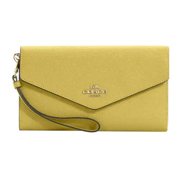 COACH Travel Wallet Cross Grain Leather Clutch Card Holder, Wallet Trumpets Women's Yellow Green