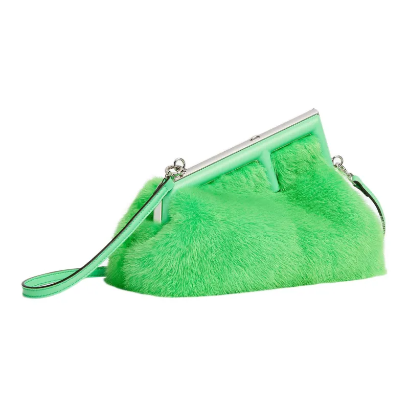 FENDI Sheepskin With Mink Fur One Shoulder Crossbody Clutches Small Size Women's Green-1
