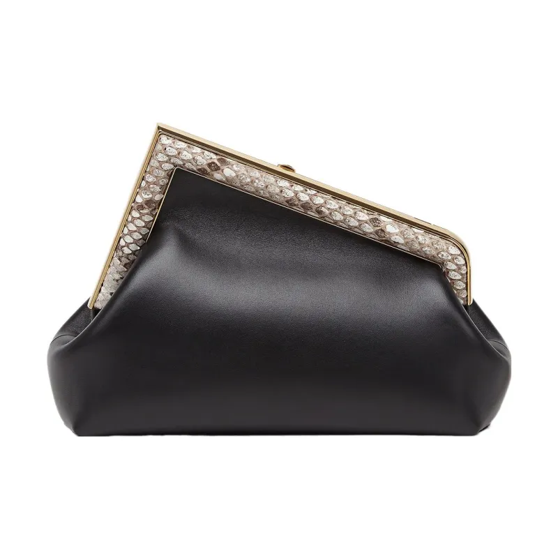 FENDI Lambskin With Python Skin Accents One Shoulder Crossbody Clutches Small Size Women's Black-2