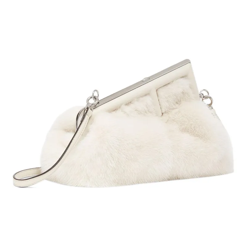 FENDI Sheepskin With Mink Fur One Shoulder Crossbody Clutches Small Size Women's White-1