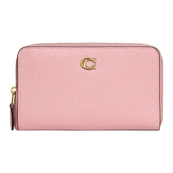 COACH Zip Around Cross Grain Cow Split Leather Wallet Medium Size Women's Cherry Blossom Pink