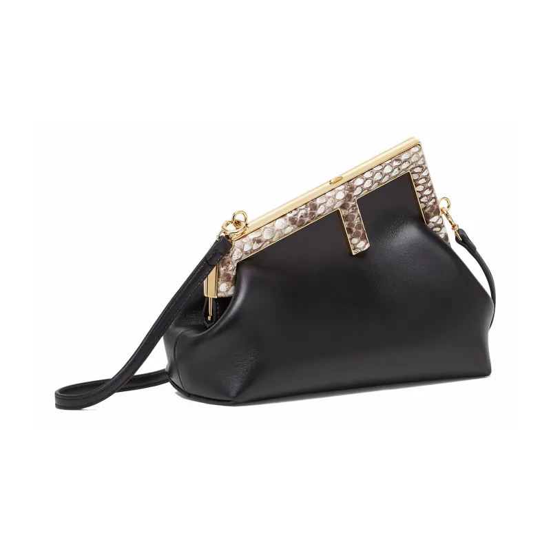 FENDI Lambskin With Python Skin Accents One Shoulder Crossbody Clutches Small Size Women's Black-1