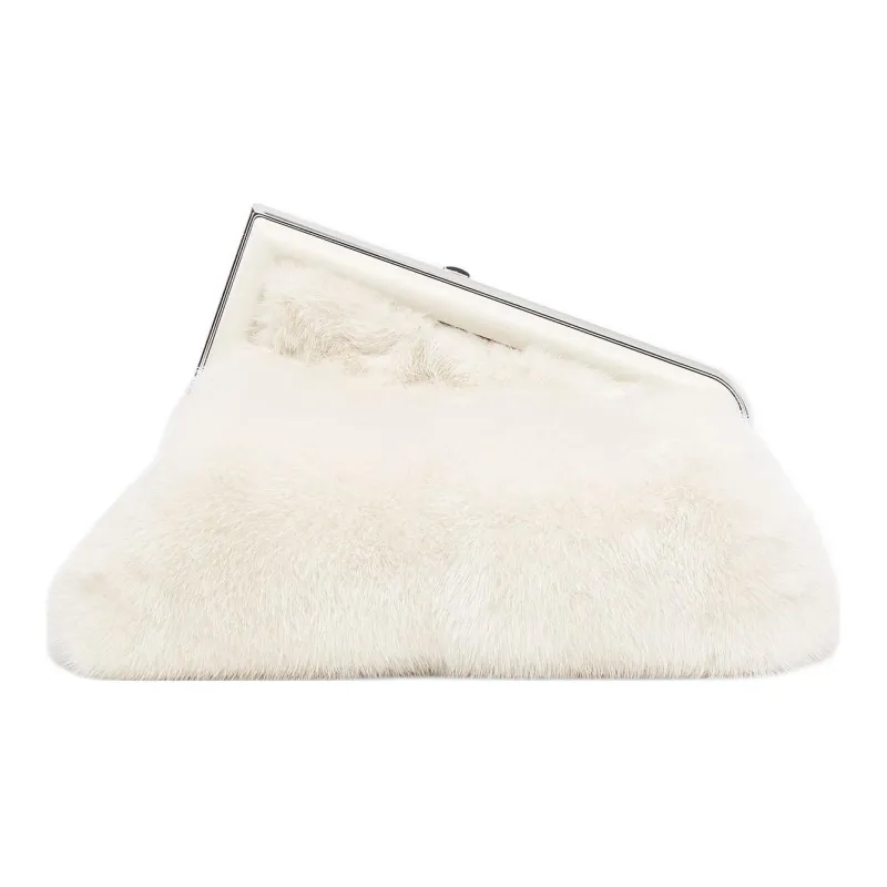 FENDI Sheepskin With Mink Fur One Shoulder Crossbody Clutches Small Size Women's White-2