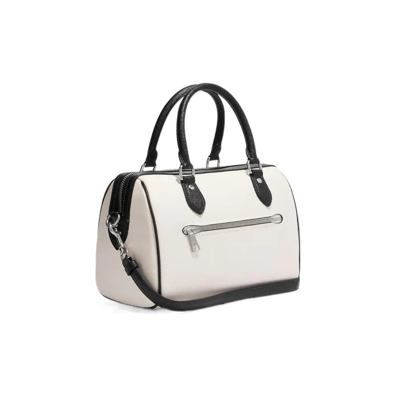 COACH Rowan Leather Boston Bag, Shoulder Bag, Crossbody Bag, Handbag Medium Size Women's White & Black-1
