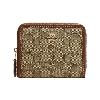 COACH Zip Around Jacquard With Pebbled Leather Card Holder, Wallet Women's Brown