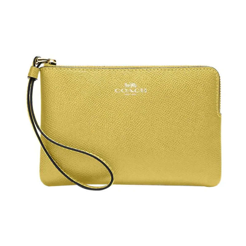COACH Wristlet Cross-Stitch Leather Wallet Card Holder Clutch Wrist Bag Women's Yellow Green-0