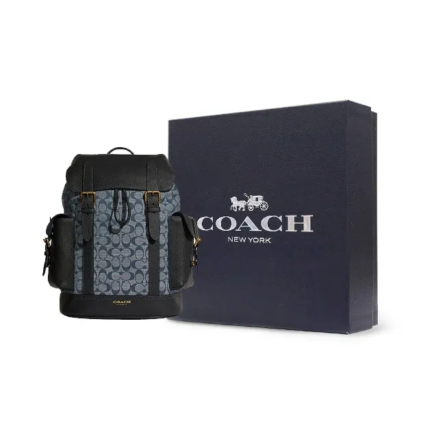 COACH Hudson Canvas Leather Backpack Tubas Men's Black/Denim Blue-4